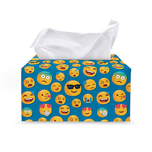 Blue Emoji Pattern Print Leather Tissue Box Cover