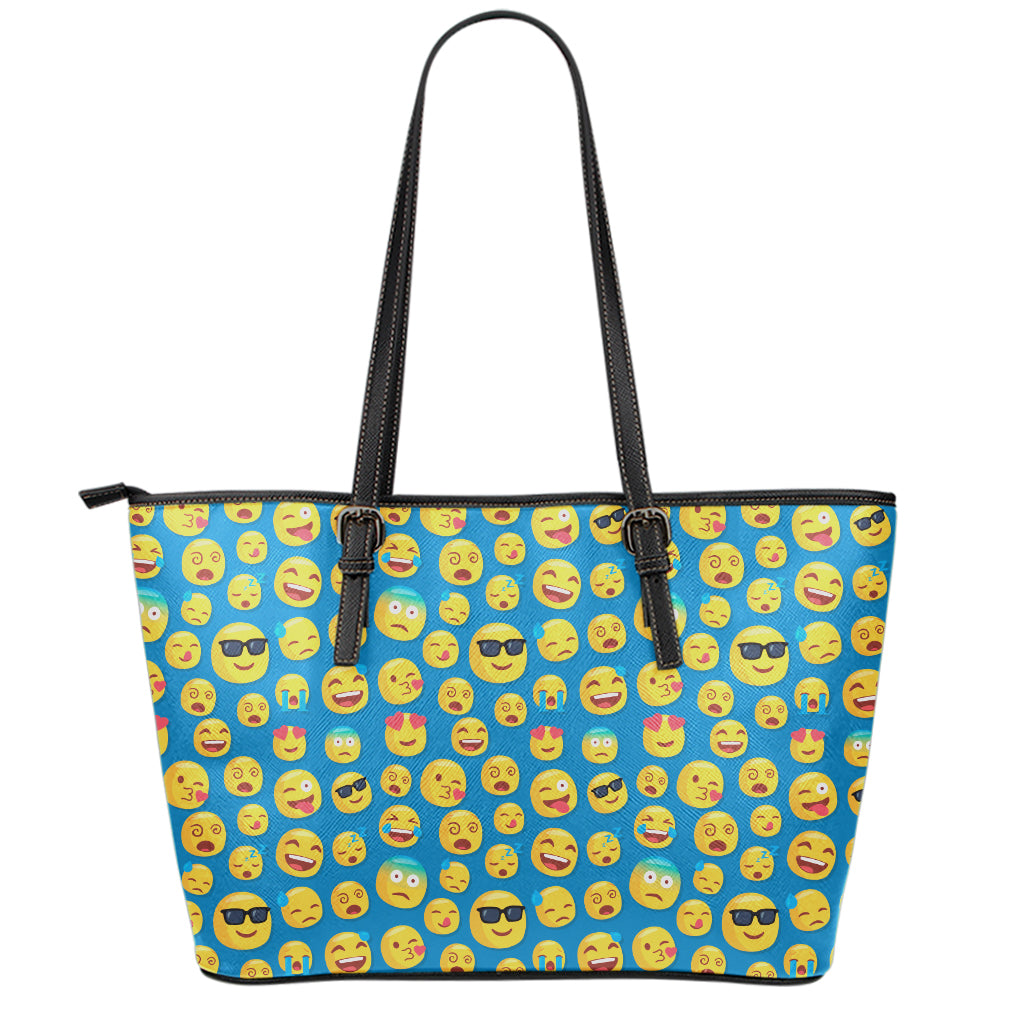 Blue Emoji Pattern Print Leather Tote Bag