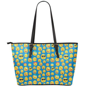 Blue Emoji Pattern Print Leather Tote Bag