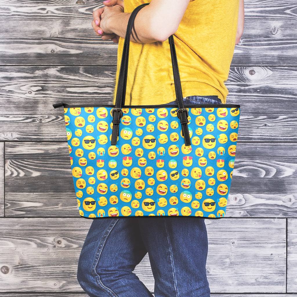 Blue Emoji Pattern Print Leather Tote Bag