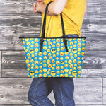 Blue Emoji Pattern Print Leather Tote Bag