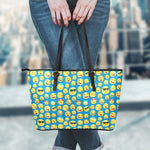 Blue Emoji Pattern Print Leather Tote Bag