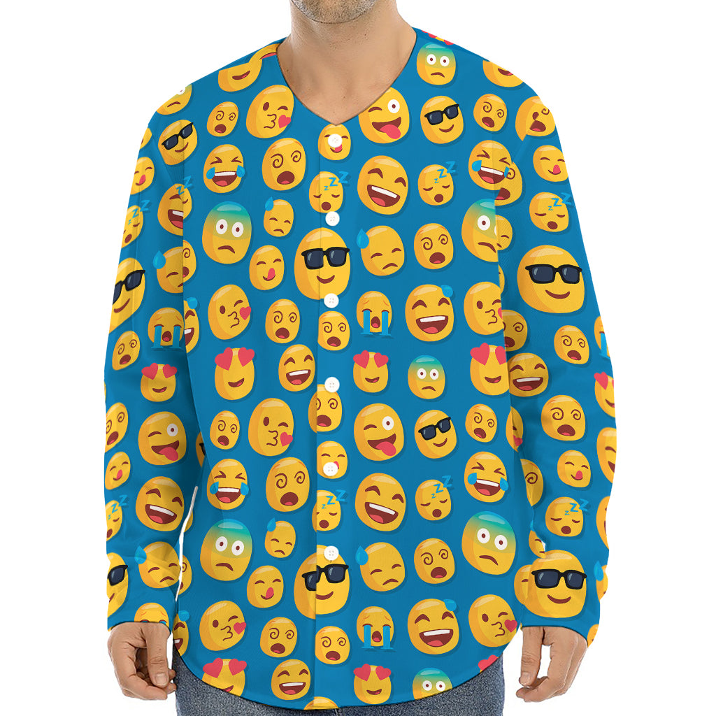 Blue Emoji Pattern Print Long Sleeve Baseball Jersey