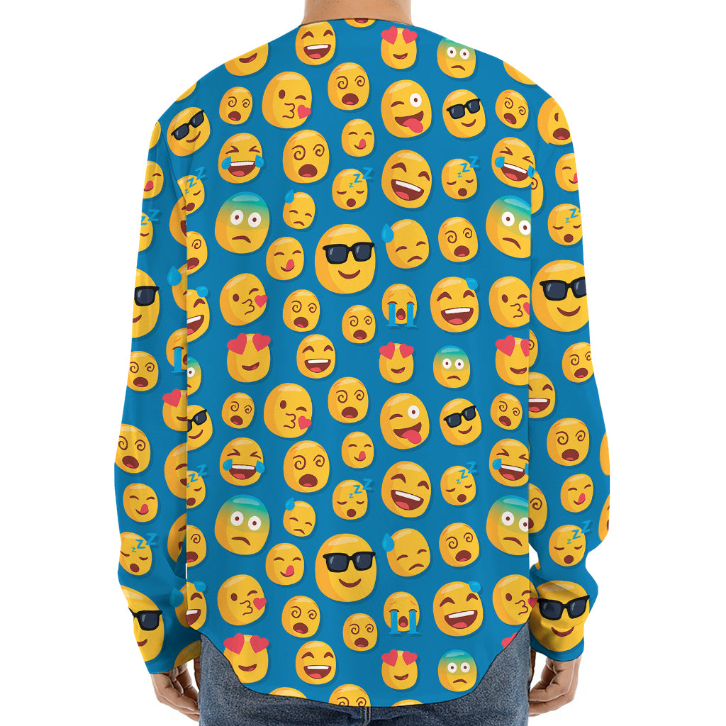 Blue Emoji Pattern Print Long Sleeve Baseball Jersey