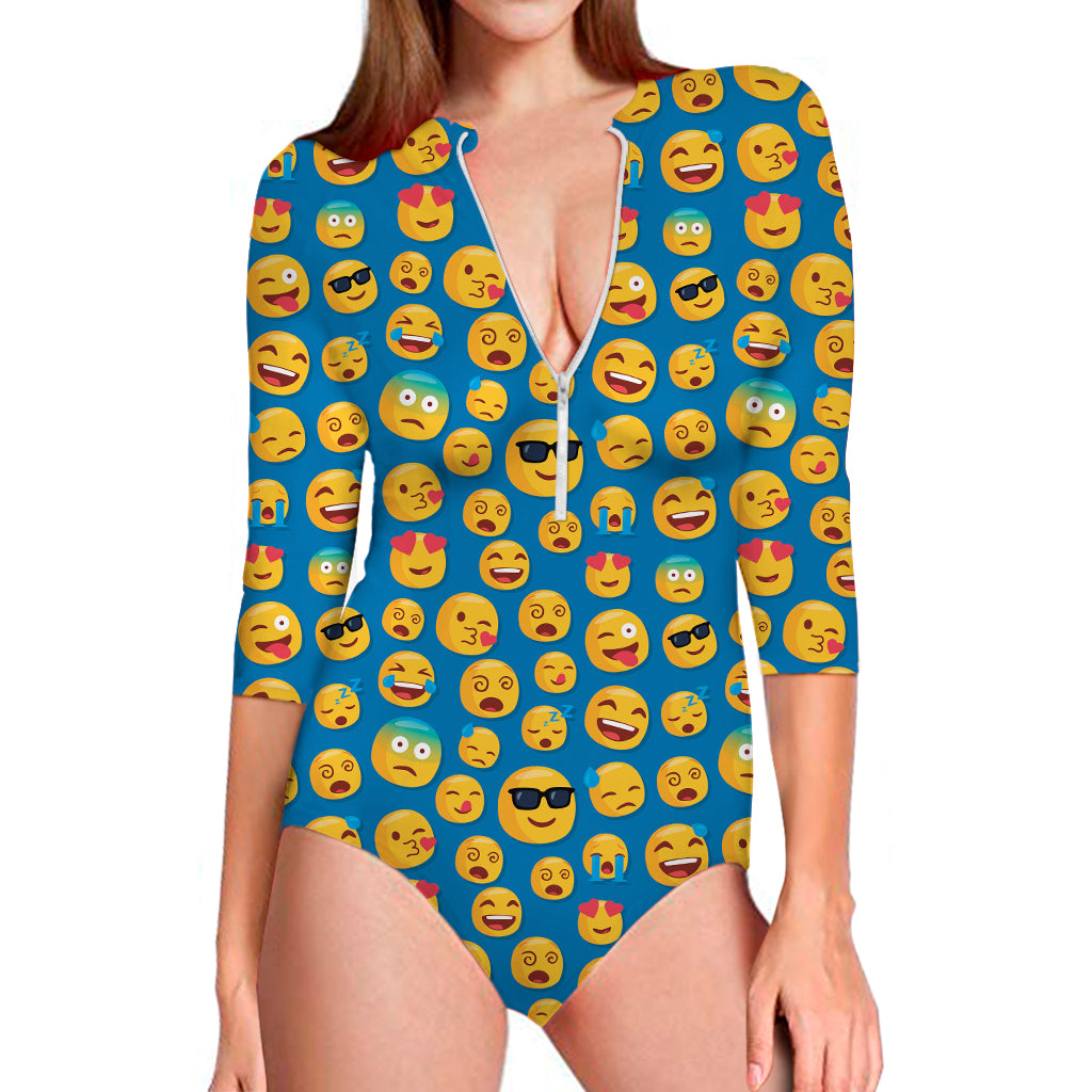 Blue Emoji Pattern Print Long Sleeve Swimsuit