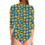 Blue Emoji Pattern Print Long Sleeve Swimsuit