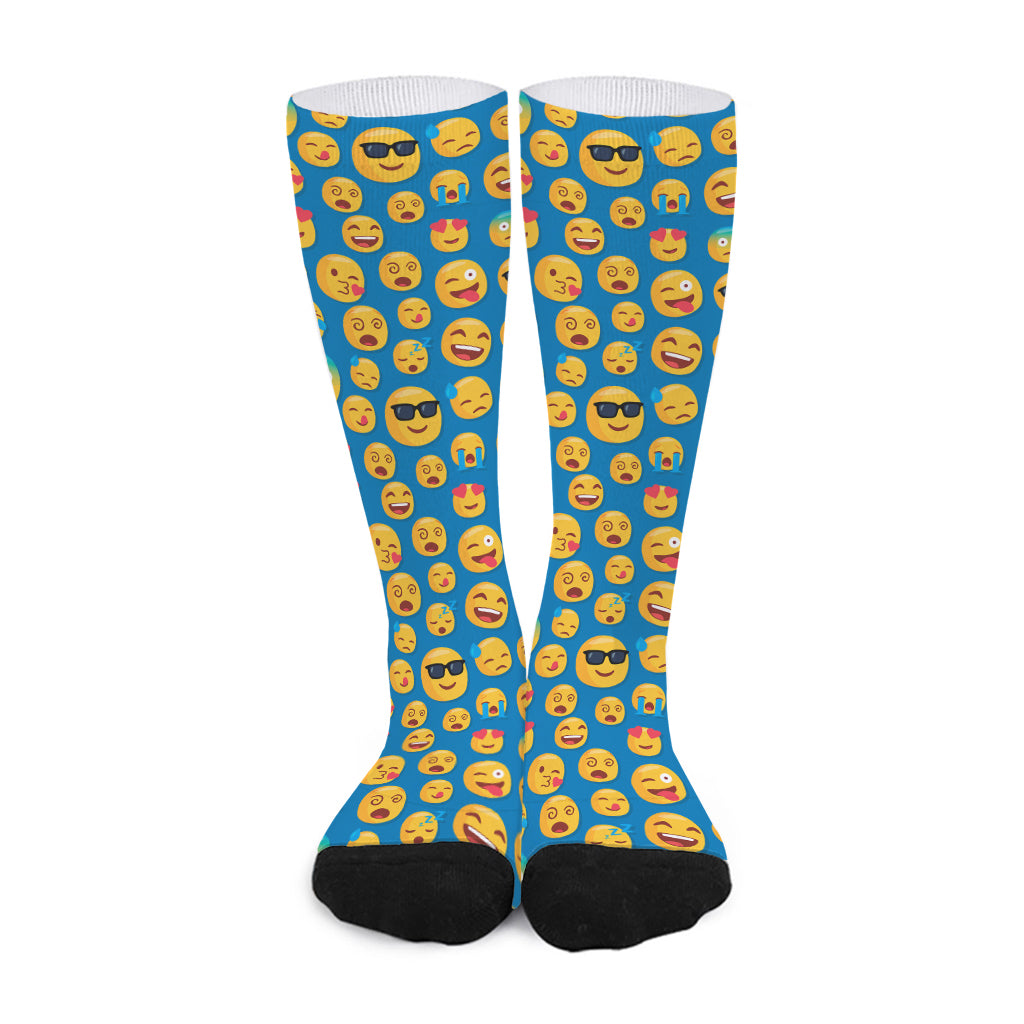 Blue Emoji Pattern Print Long Socks