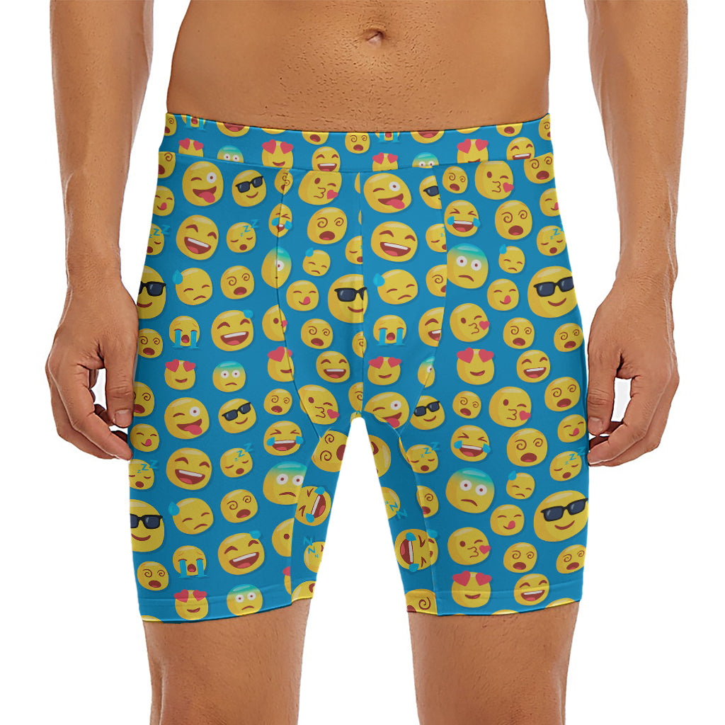 Blue Emoji Pattern Print Men's Long Boxer Briefs