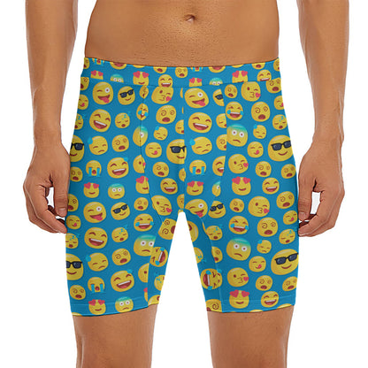 Blue Emoji Pattern Print Men's Long Boxer Briefs
