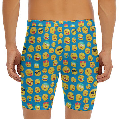 Blue Emoji Pattern Print Men's Long Boxer Briefs