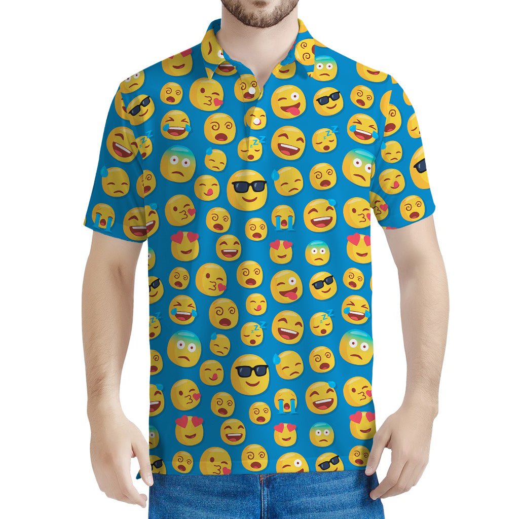 Blue Emoji Pattern Print Men's Polo Shirt