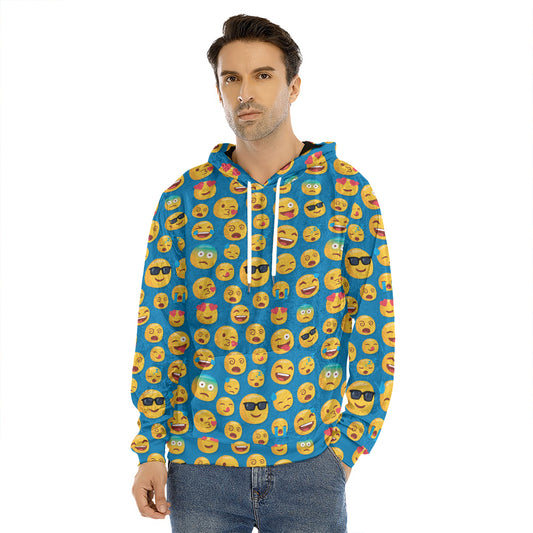 Blue Emoji Pattern Print Men's Velvet Pullover Hoodie