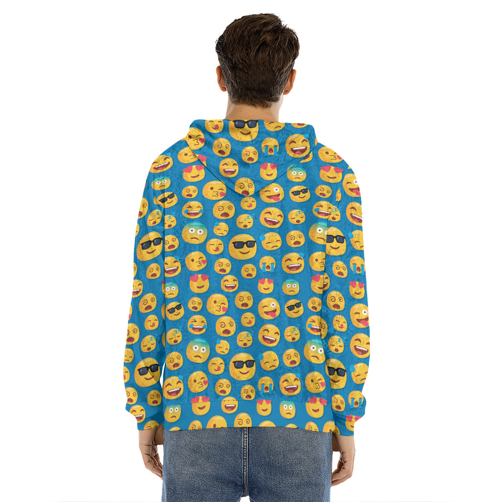 Blue Emoji Pattern Print Men's Velvet Pullover Hoodie