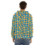 Blue Emoji Pattern Print Men's Velvet Pullover Hoodie