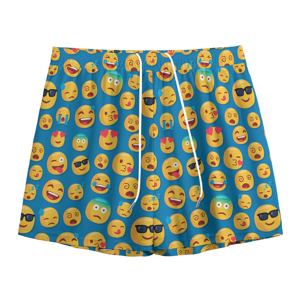 Blue Emoji Pattern Print Mesh Shorts