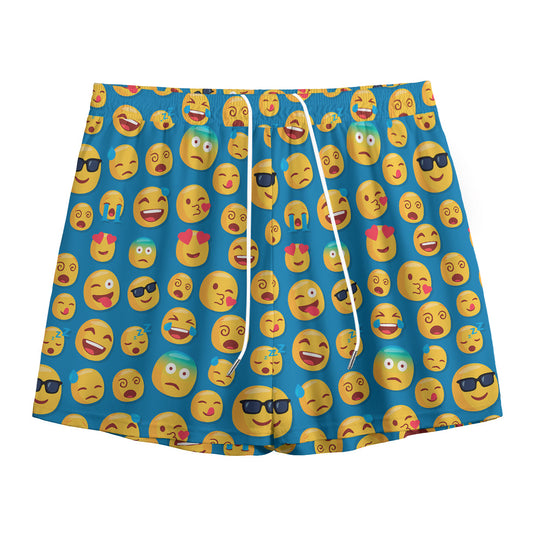 Blue Emoji Pattern Print Mesh Shorts