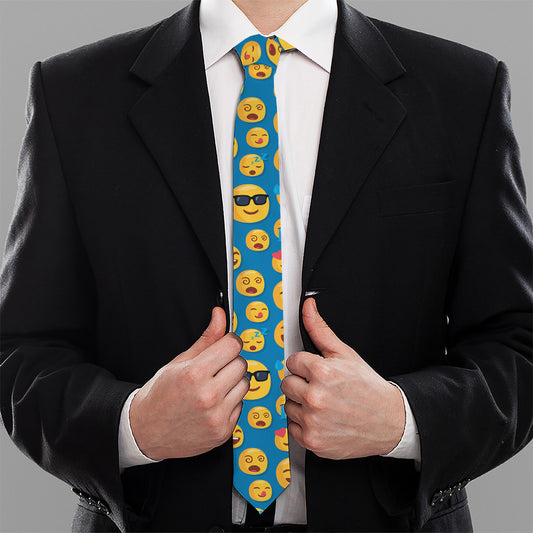 Blue Emoji Pattern Print Necktie