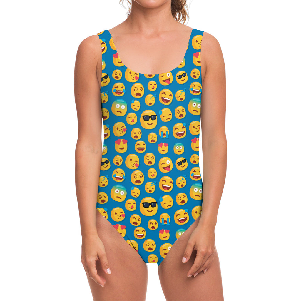 Blue Emoji Pattern Print One Piece Swimsuit