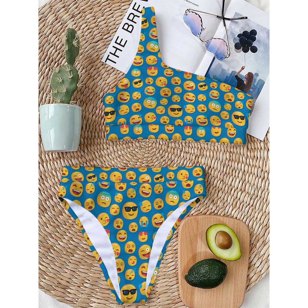 Blue Emoji Pattern Print One Shoulder Bikini Top