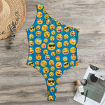 Blue Emoji Pattern Print One Shoulder Bodysuit