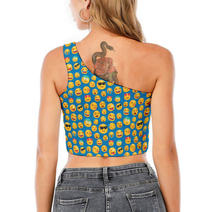 Blue Emoji Pattern Print One Shoulder Crop Top