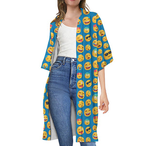 Blue Emoji Pattern Print Open Front Beach Cover Up