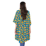 Blue Emoji Pattern Print Open Front Beach Cover Up