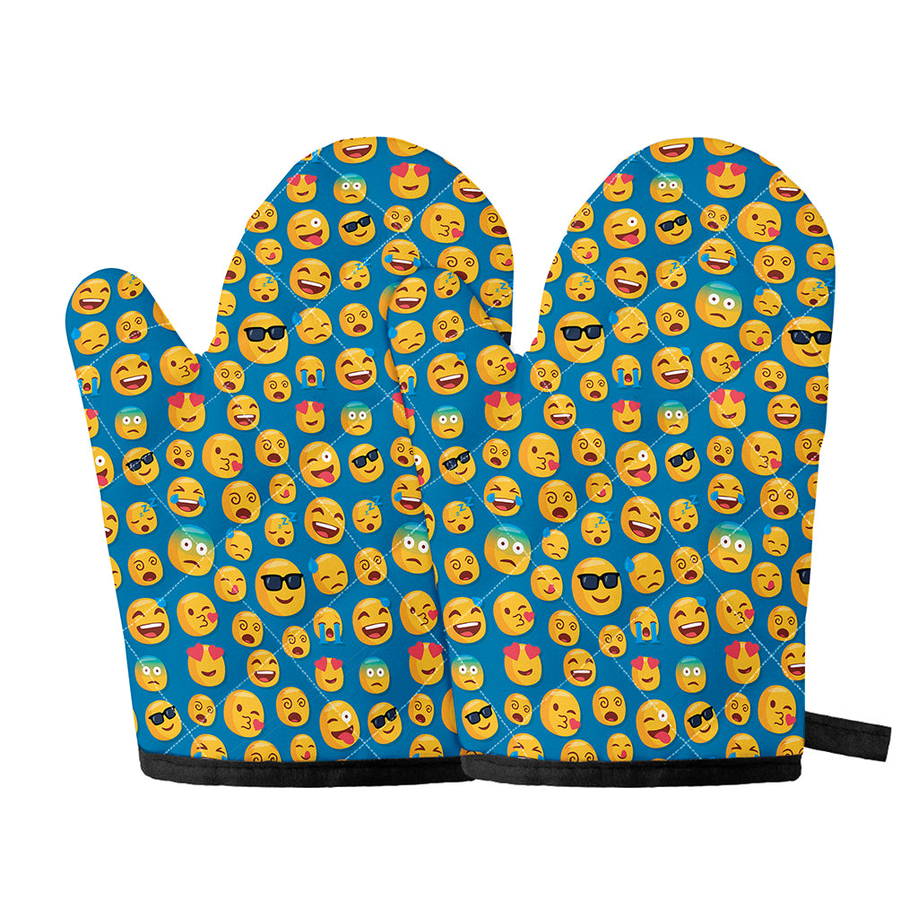 Blue Emoji Pattern Print Oven Mitts