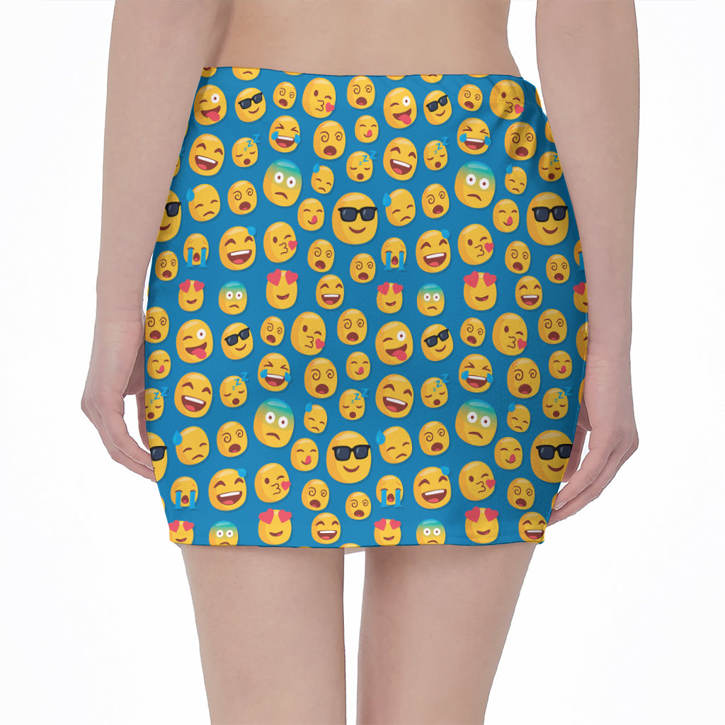 Blue Emoji Pattern Print Pencil Mini Skirt
