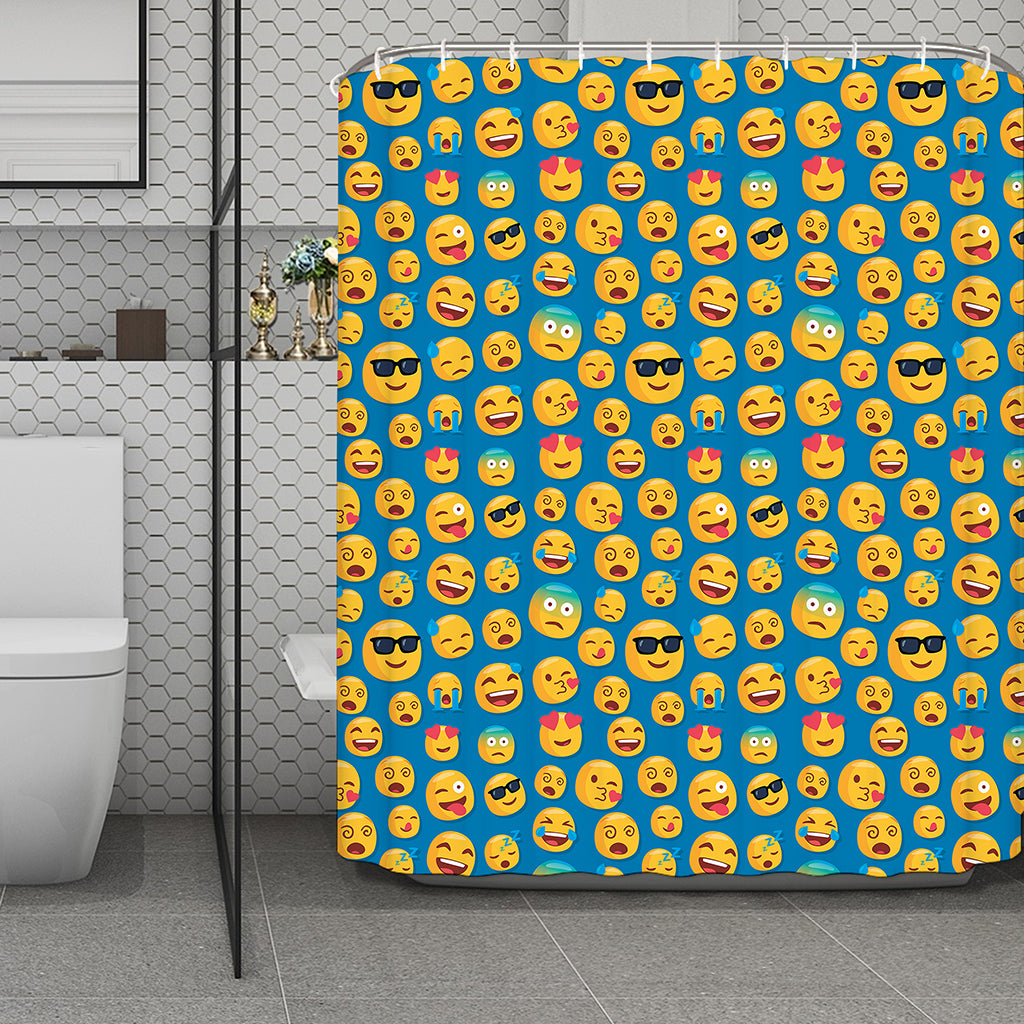 Blue Emoji Pattern Print Polyester Shower Curtain