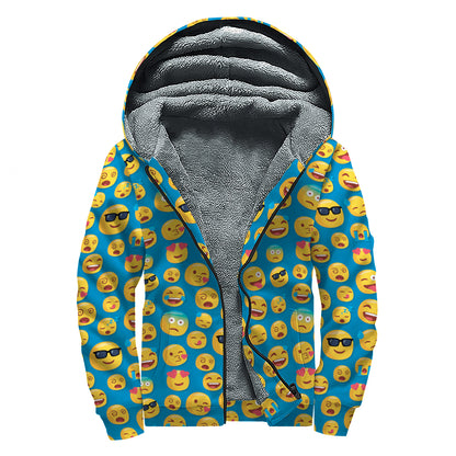 Blue Emoji Pattern Print Sherpa Lined Zip Up Hoodie