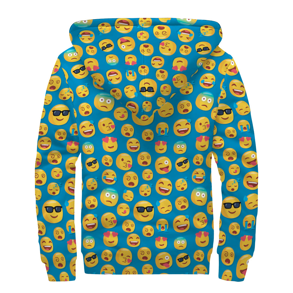 Blue Emoji Pattern Print Sherpa Lined Zip Up Hoodie
