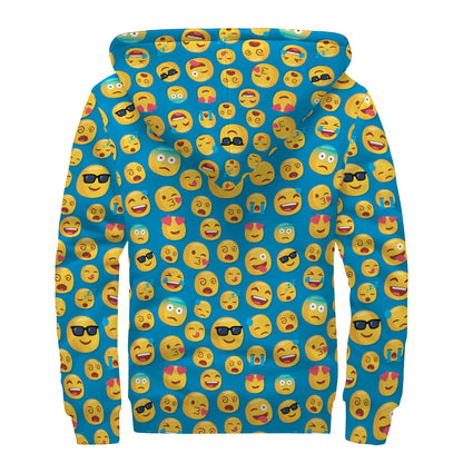 Blue Emoji Pattern Print Sherpa Lined Zip Up Hoodie