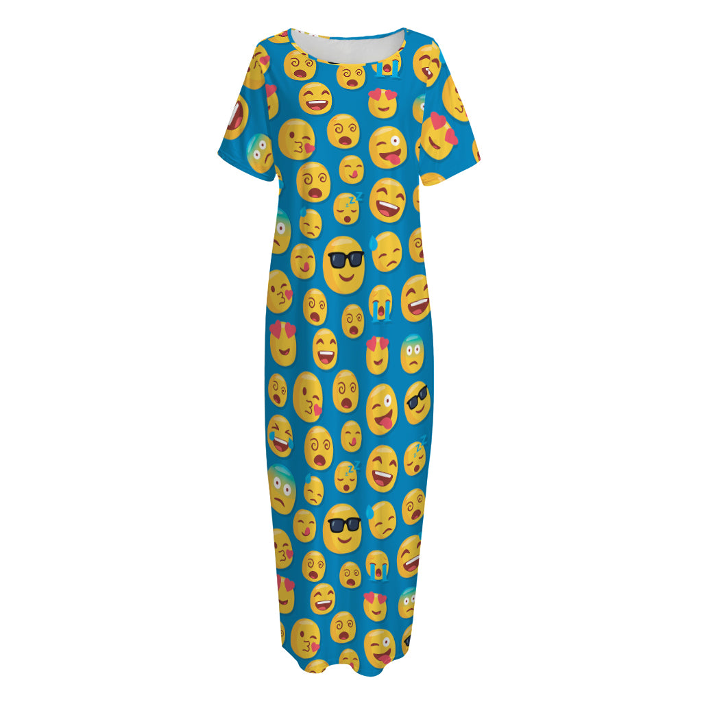 Blue Emoji Pattern Print Short Sleeve Long Nightdress