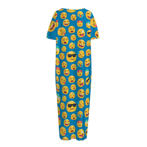 Blue Emoji Pattern Print Short Sleeve Long Nightdress