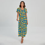 Blue Emoji Pattern Print Short Sleeve Maxi Dress