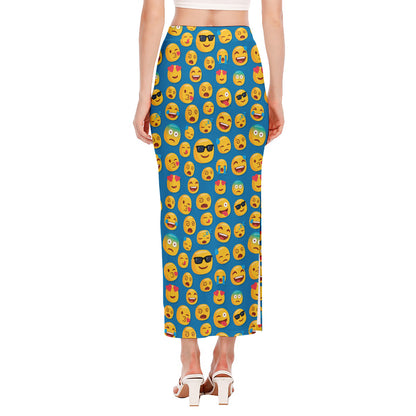 Blue Emoji Pattern Print Side Slit Maxi Skirt