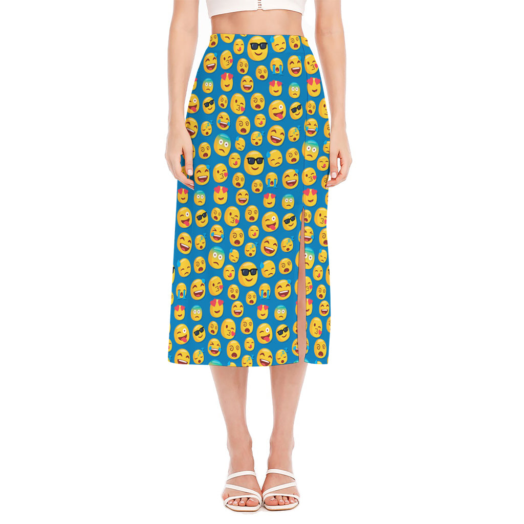 Blue Emoji Pattern Print Side Slit Midi Skirt