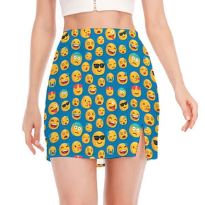 Blue Emoji Pattern Print Side Slit Mini Skirt