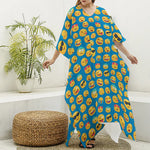 Blue Emoji Pattern Print Silk V-Neck Kaftan Dress