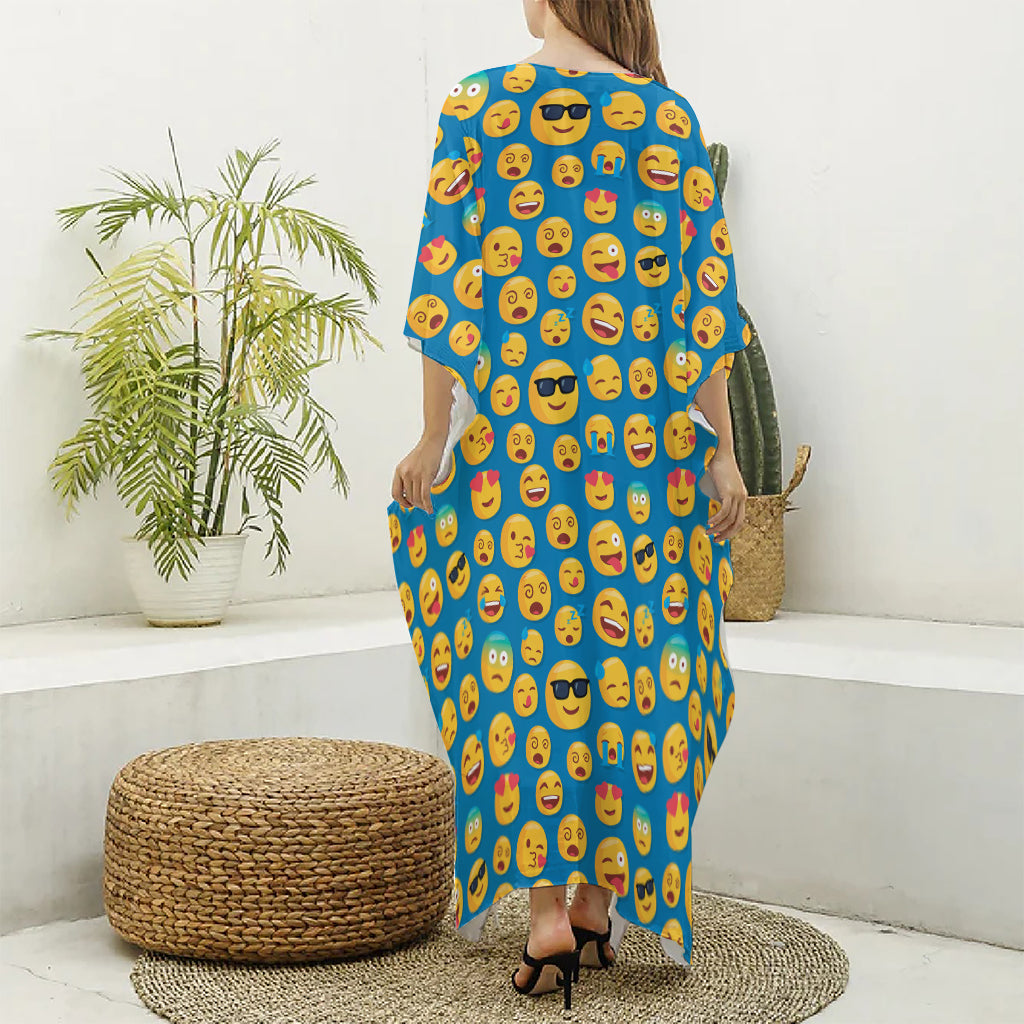 Blue Emoji Pattern Print Silk V-Neck Kaftan Dress