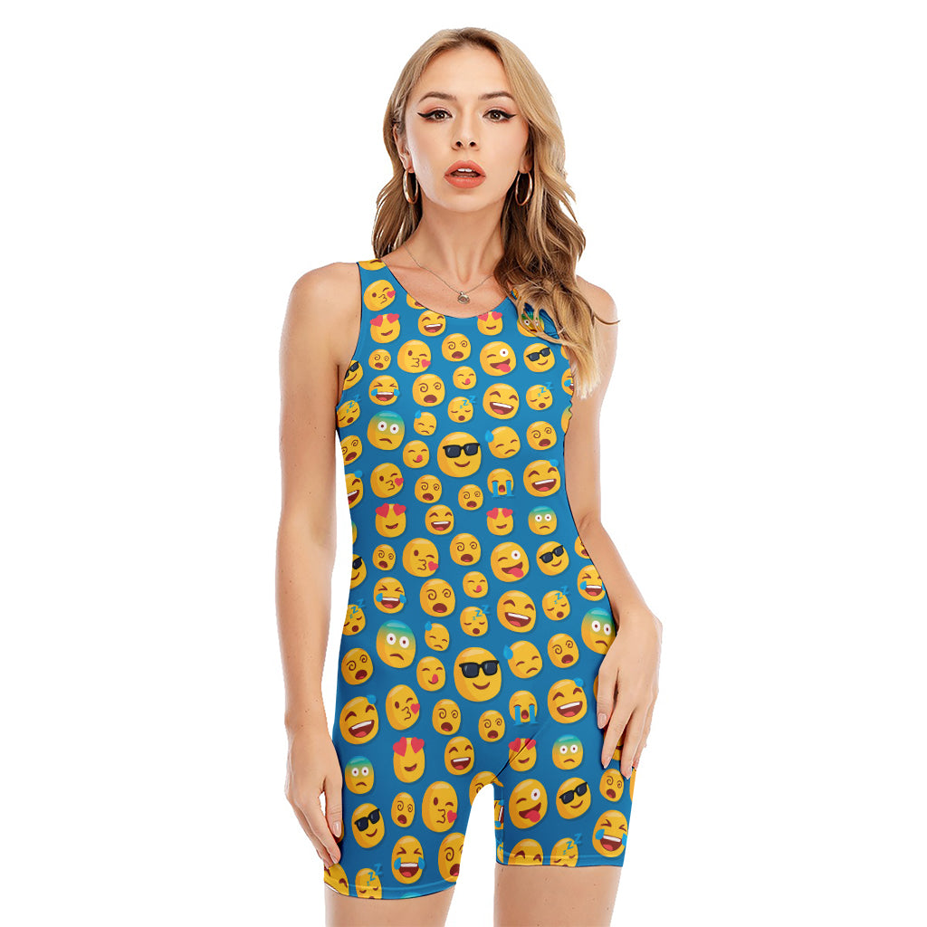 Blue Emoji Pattern Print Sleeveless One Piece Swimsuit