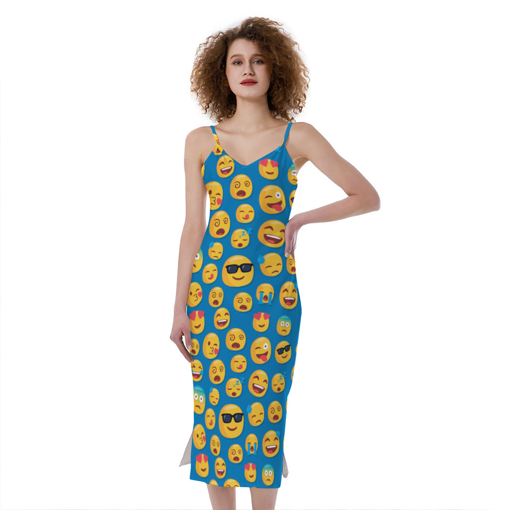 Blue Emoji Pattern Print Slim Fit Midi Cami Dress