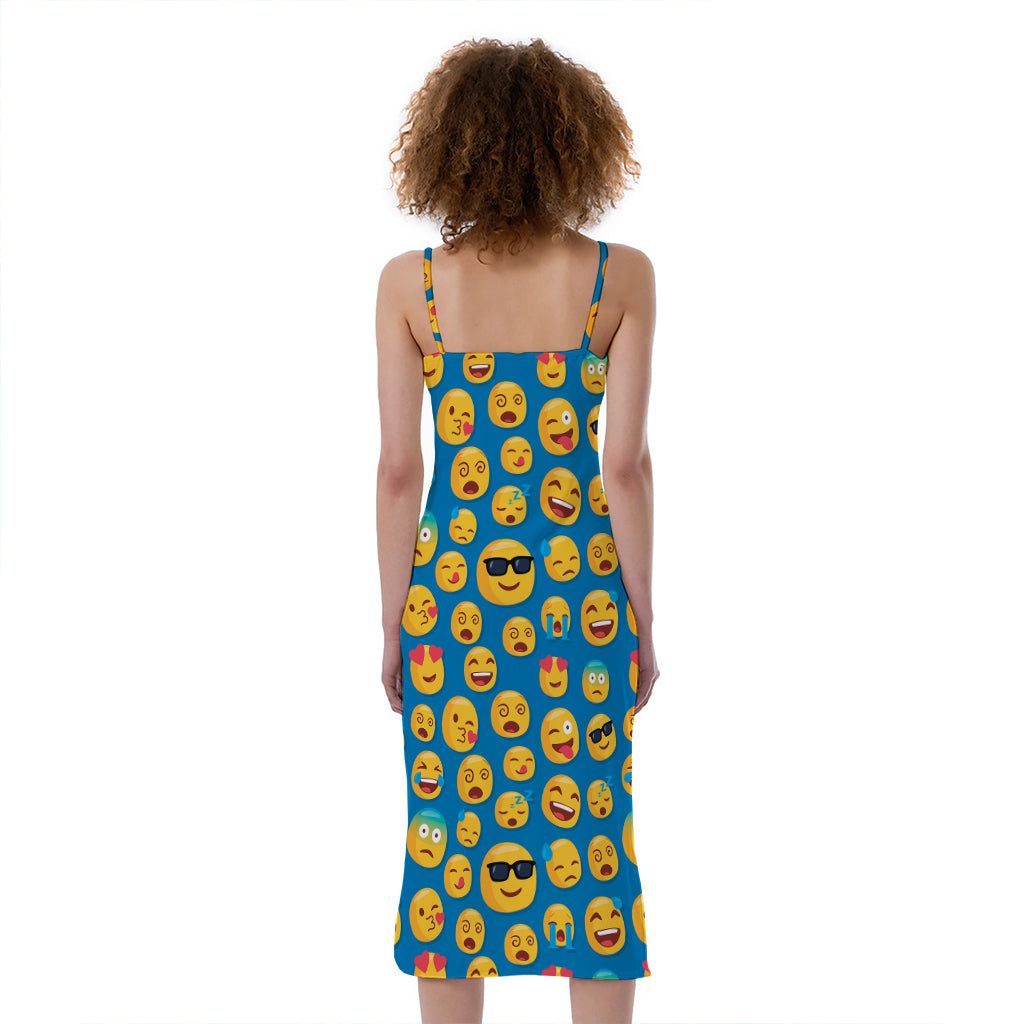 Blue Emoji Pattern Print Slim Fit Midi Cami Dress