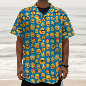 Blue Emoji Pattern Print Textured Short Sleeve Shirt