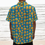 Blue Emoji Pattern Print Textured Short Sleeve Shirt