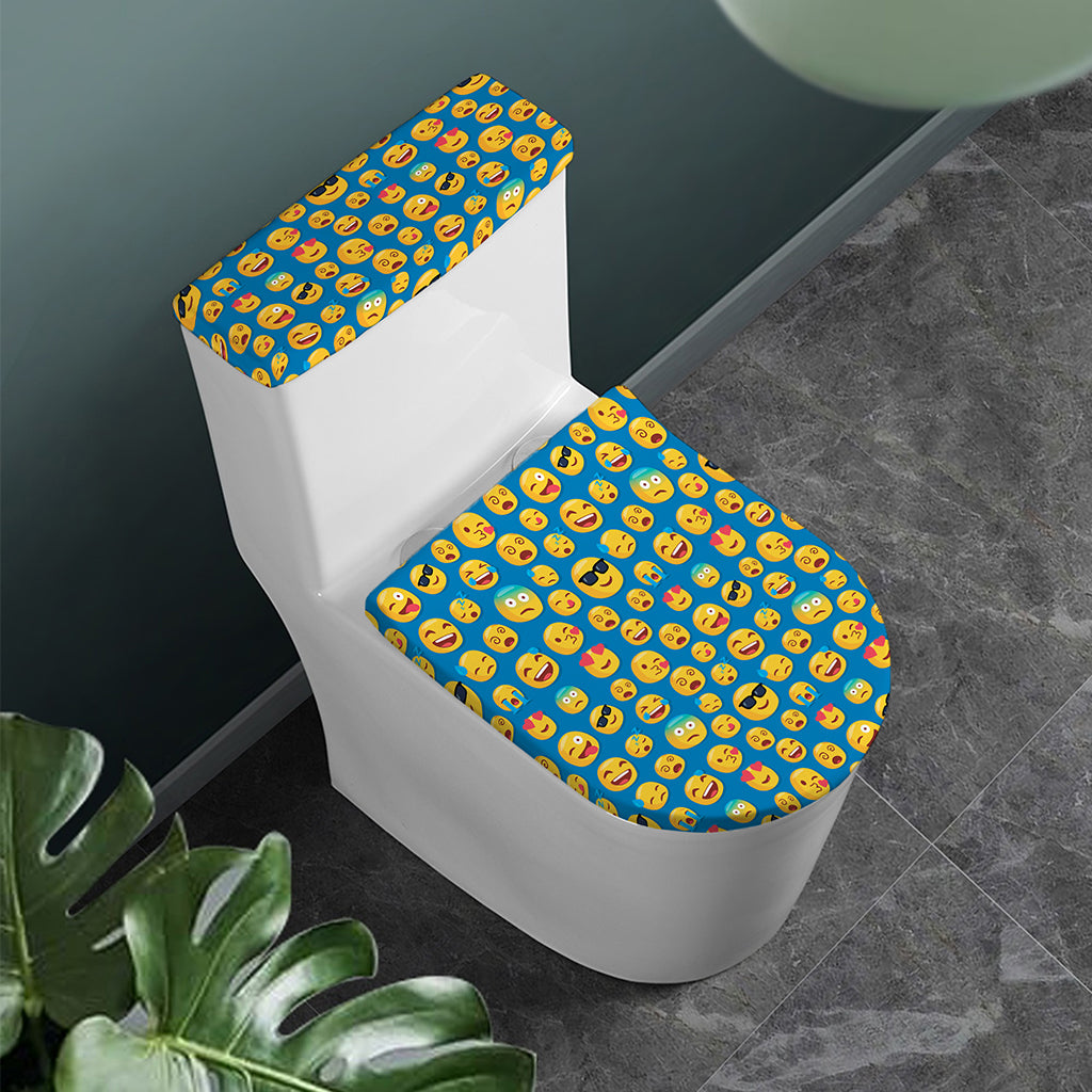 Blue Emoji Pattern Print Toilet Lid And Tank Cover Set