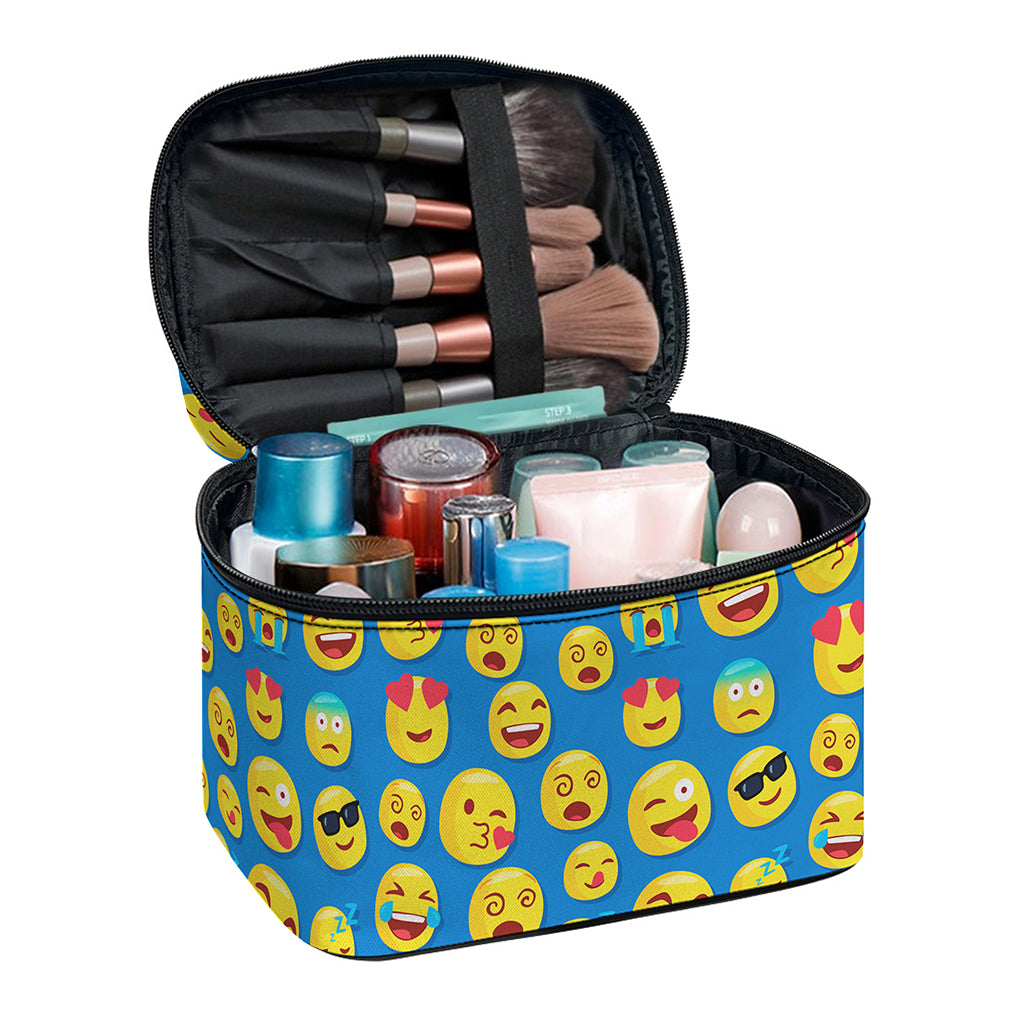 Blue Emoji Pattern Print Travel Makeup Bag