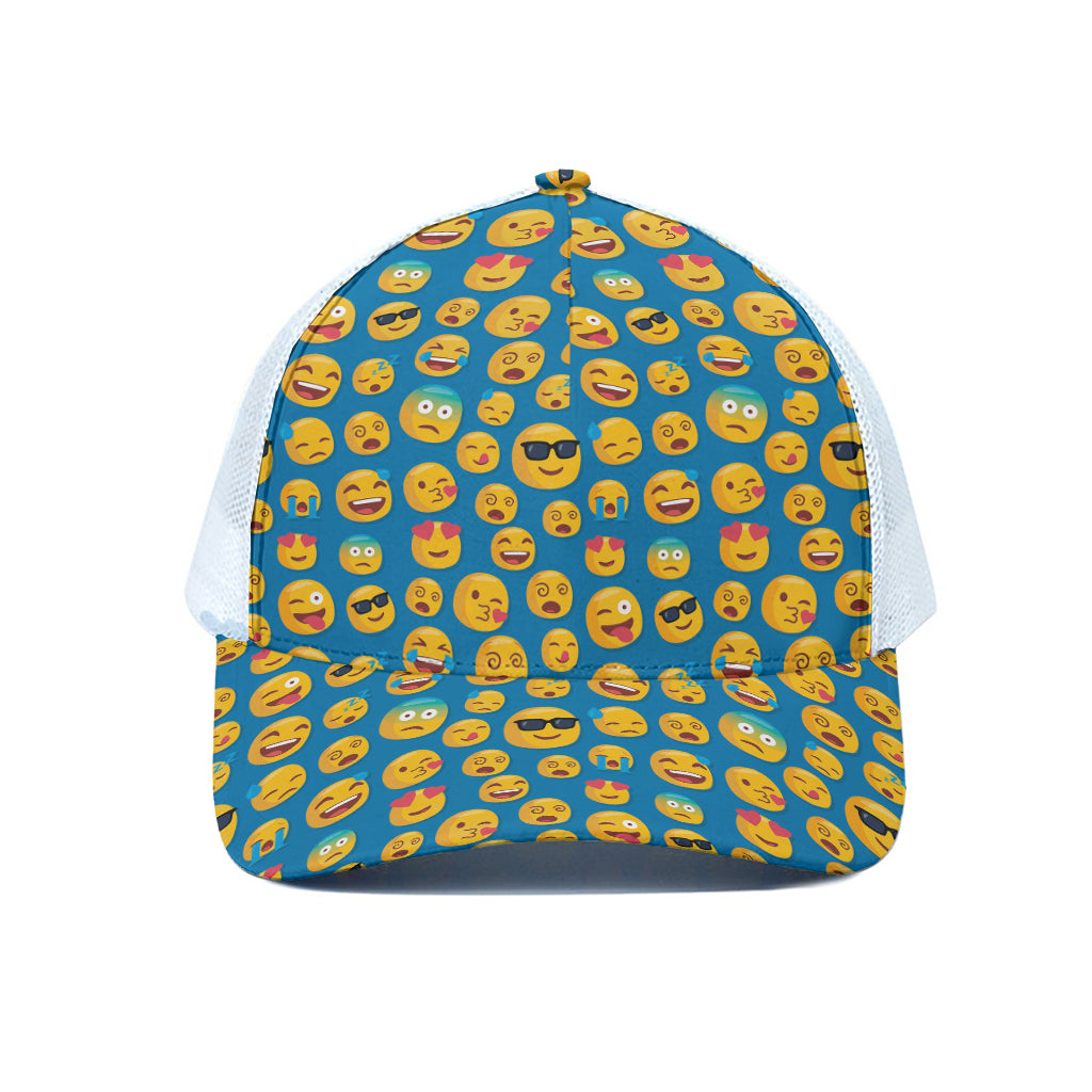 Blue Emoji Pattern Print White Mesh Trucker Cap