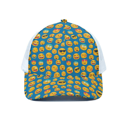 Blue Emoji Pattern Print White Mesh Trucker Cap